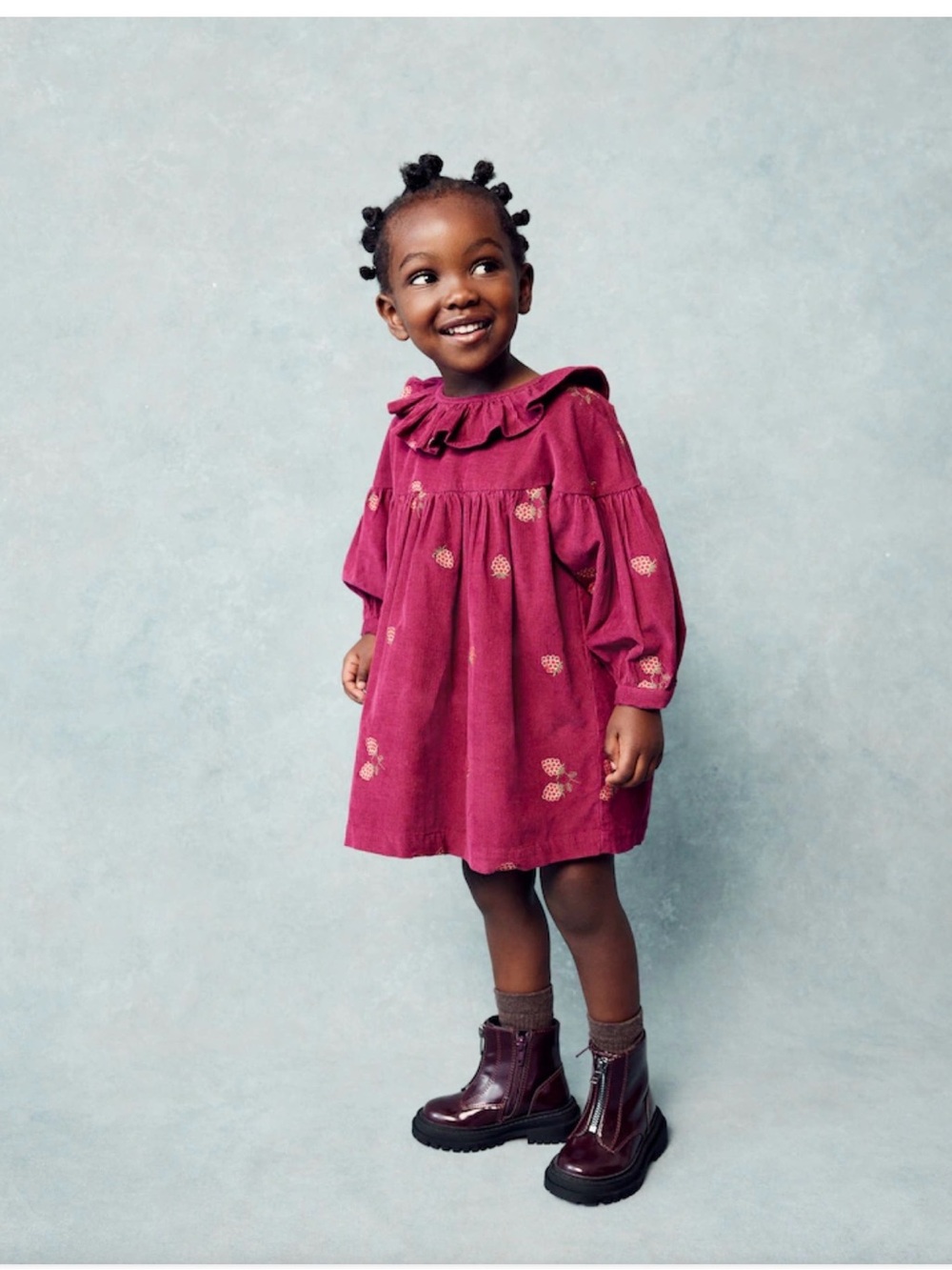 Next brand Girls Raspberry Corduroy Dress with Strawberry Embroidery